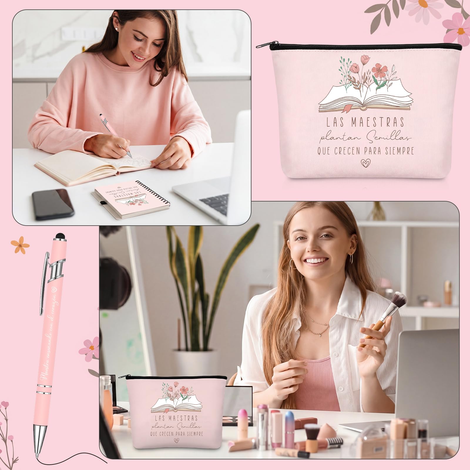 BBTO Set Regalo para Maestra Fin de Curso Gracias Mujer Neceser para Profesora Infantil Cuaderno Espiral con Bolígrafo Estético Regalo de Despedida para Profe Guardería Graduación Primaria