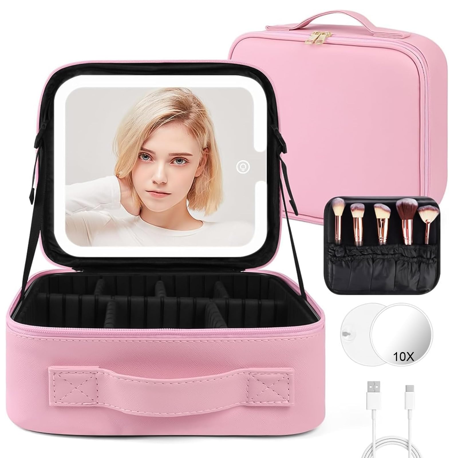 OSDUE Beauty Case da Viaggio Donna,23 x 26 cm Borsa Cosmetica con Specchio 3 Colori LED Porta Trucchi Borsa Organizer Professionale Grande Capacità con Regolabile Scomparti(Rosa)