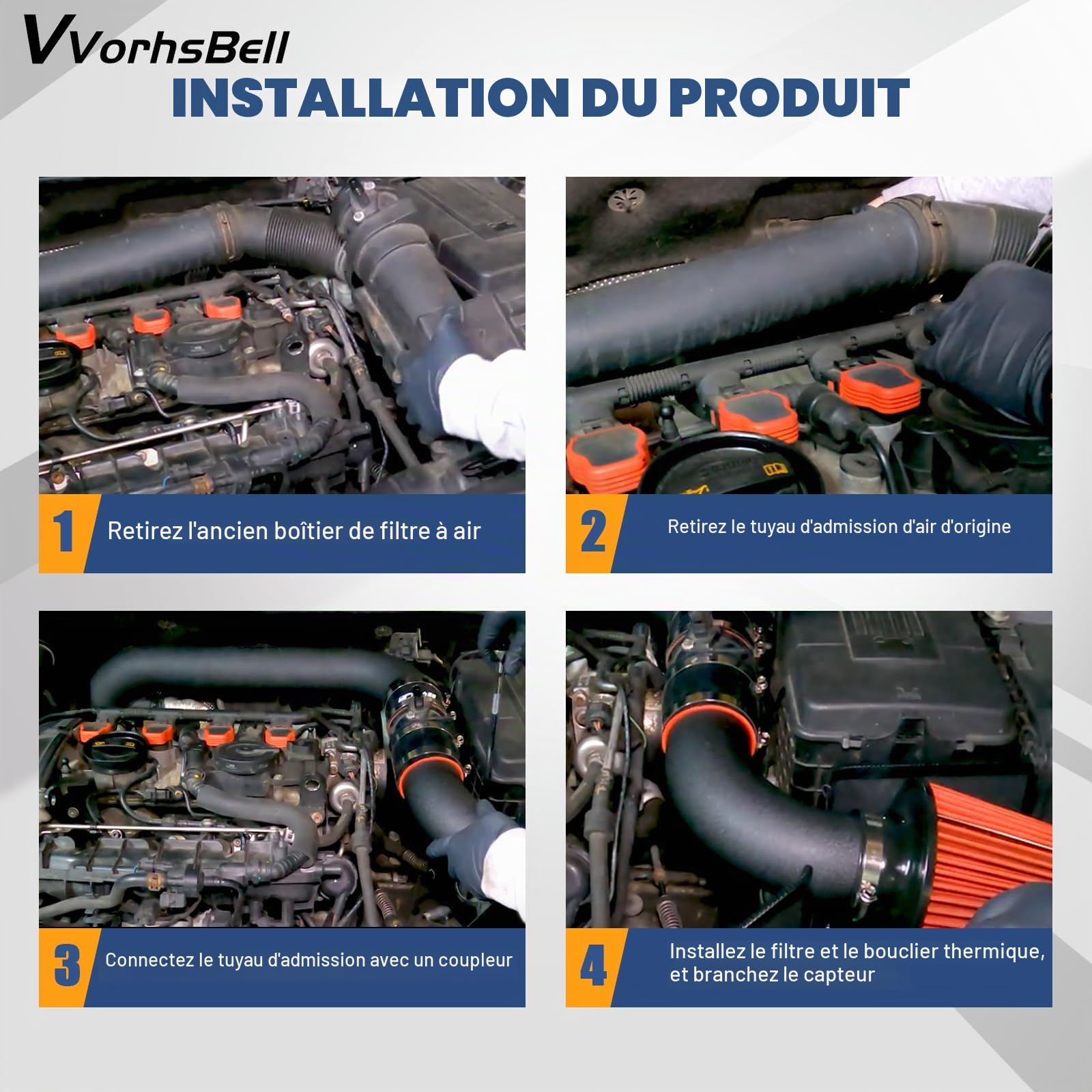 Kit d'admission d'air froid compatible avec VW Golf GTI MK6 2.0 TFSI 2011-2012 EA113 Tuyau en aluminium à haut débit + Bouclier thermique + Filtre rouge