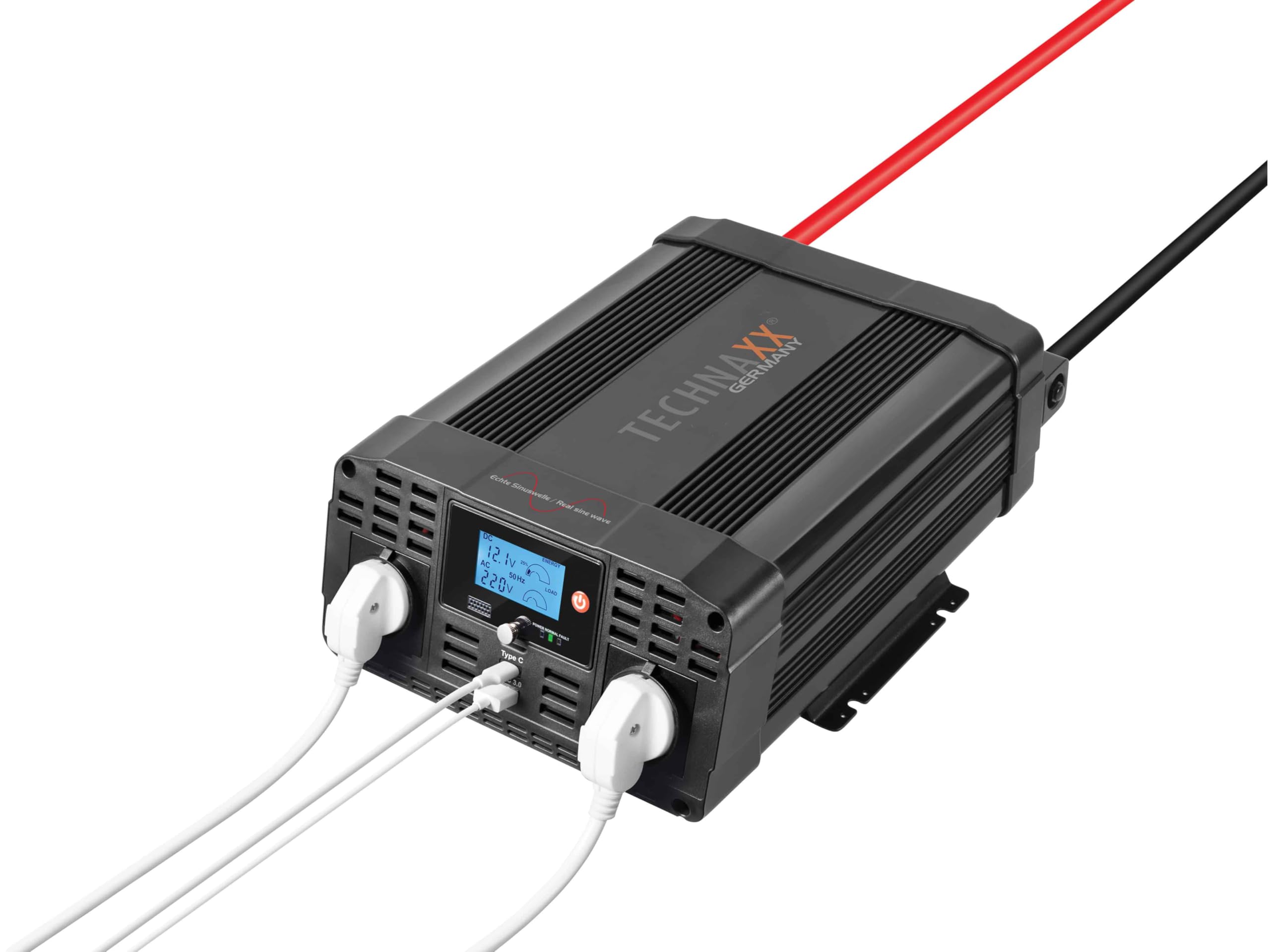 Technaxx Convertisseur Voiture 12V vers 230V Onde Sinusoïdale Pure 3000W Puissance Continue 6000W Crête Inverter Auto avec Écran LCD 2 Prises Schuko USB-A QC 3.0 USB-C pour Camping Camping-Car TE23