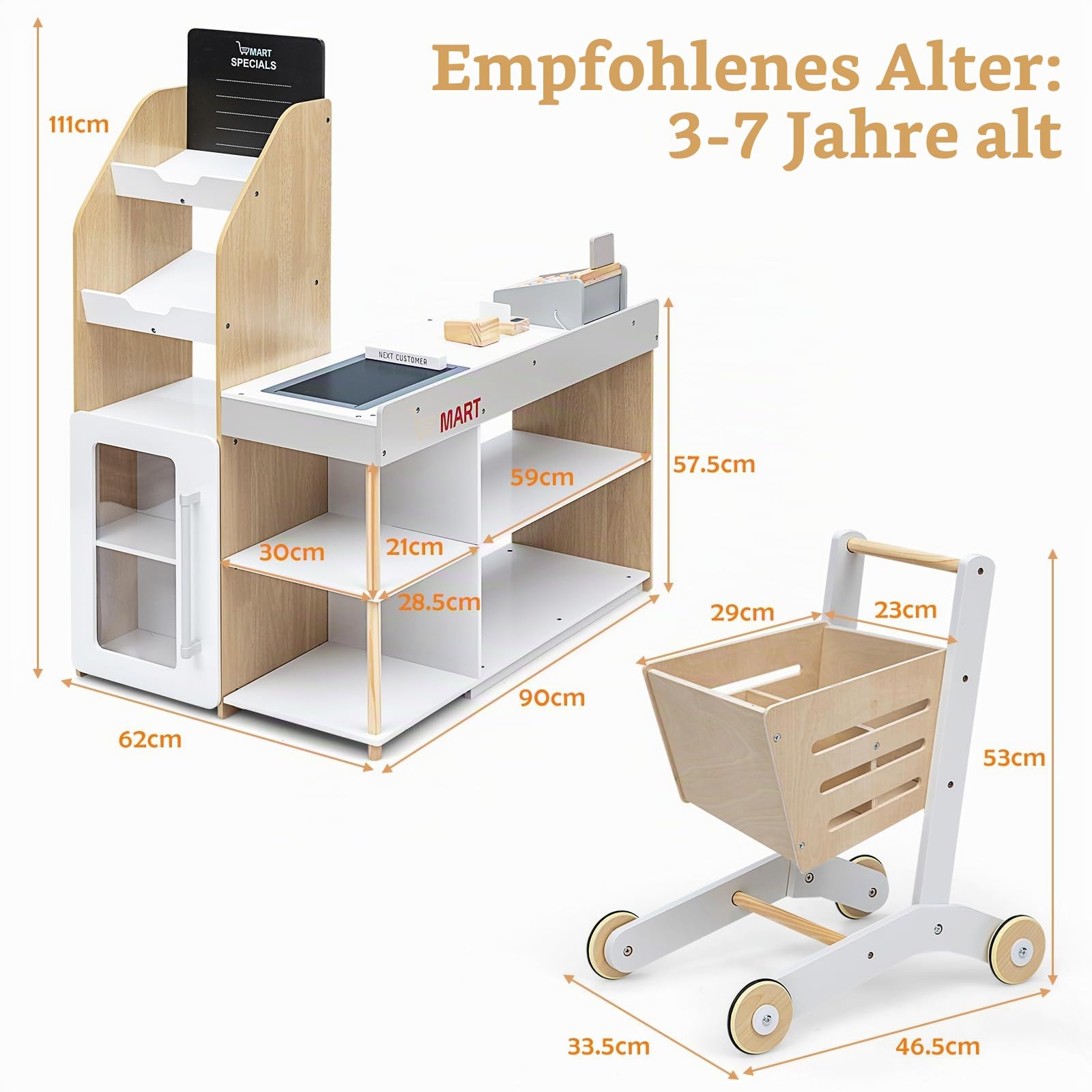HOMASIS Supermarkt mit Einkaufswagen, Kaufladen mit Kasse, Tafel, Scanner, Kartenzahlung, Kreditkarte & Münzen, Kaufmannsladen Holz, Verkaufsstand Einkaufsladen für Kinder ab 3 Jahren