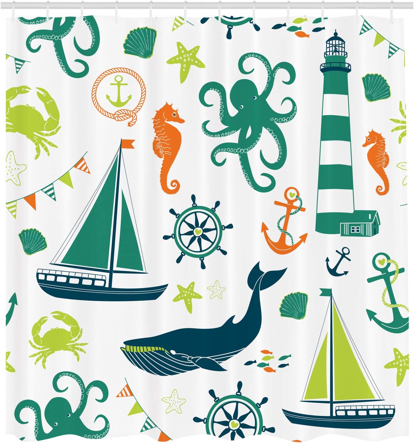 Ambesonne Nautical Shower Curtain, Pastel Colored Composition of Lighthouse Sailboat Fish Shells Octopus, Cloth Fabric Bathroom Decor Set with Hooks, 69" W x 70" L, Teal Multicolor