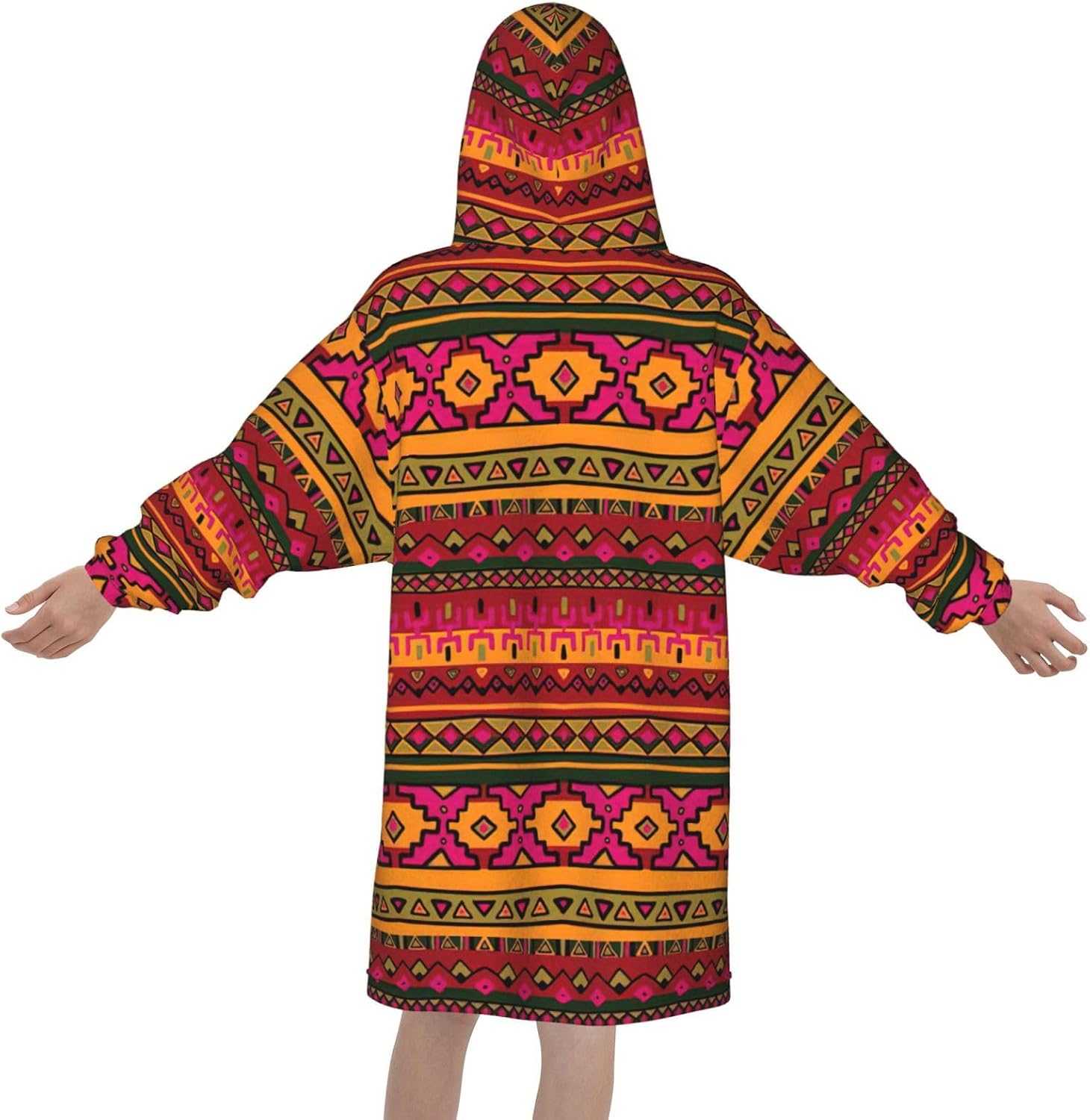 Mexican Folk Art Boho Print Oversized Blanket Hoodie, Wearable Blanket Hooded,Hooded Pullover With Pocket