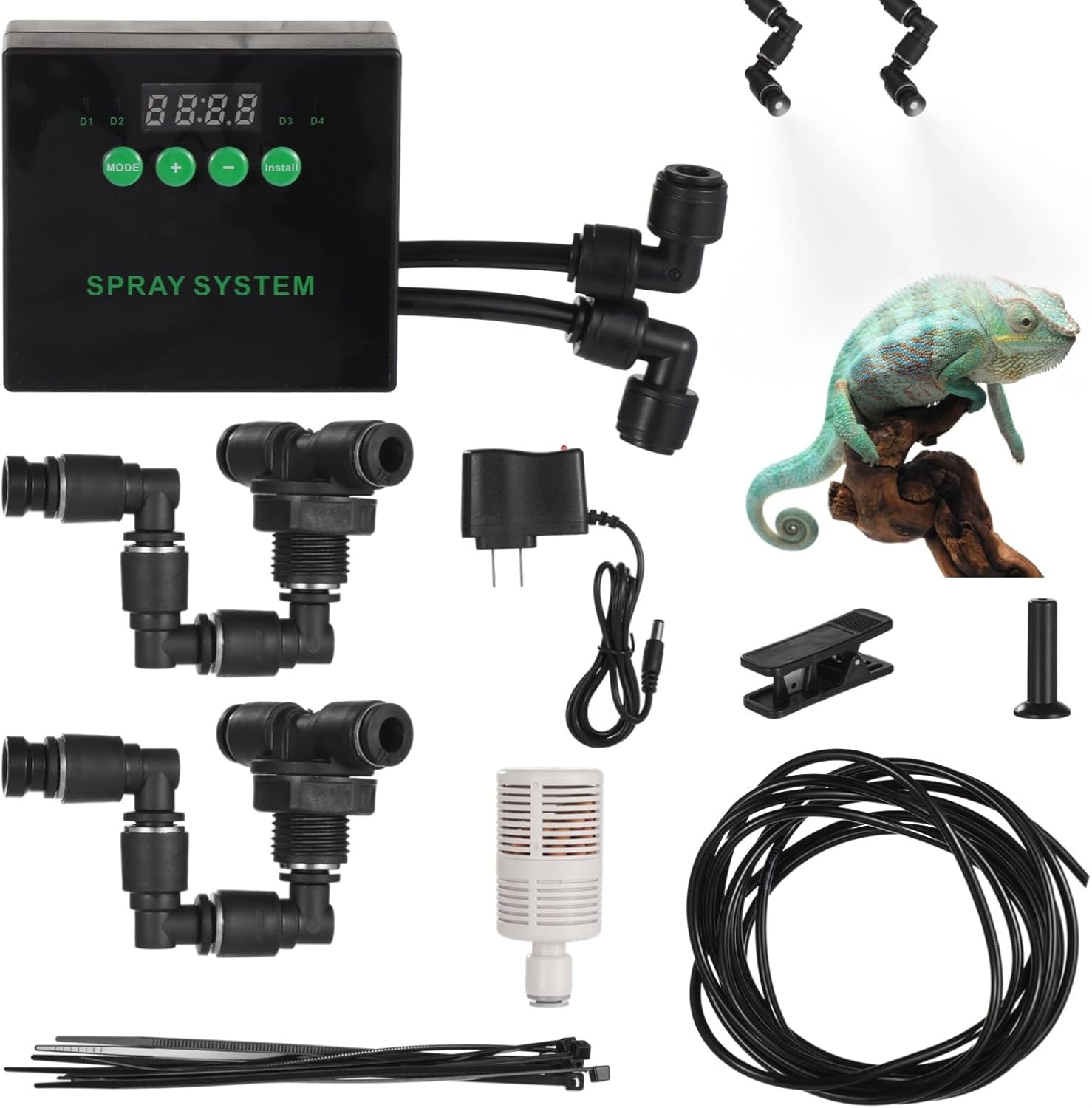 Reptile Humidifier Misting System With Smart Timer And Adjustable Nozzles, Atomizer For Snakes, Lizards, Tropical Plants, Includes Long Pipe And Power Adapter