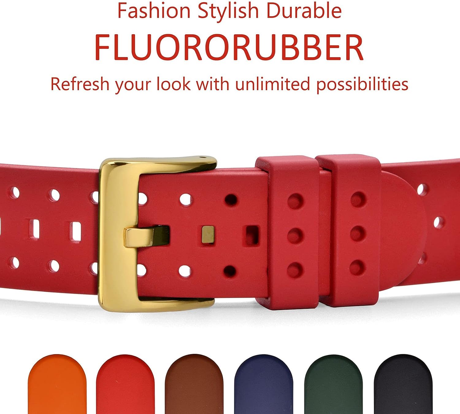 WOCCI 18mm Ventilated Watch Band for Men, FKM Rubber, Gold Buckle (Red)