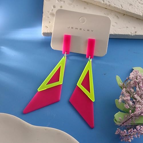 Miniatura 2 de Aretes de neón retro de los años 80 para mujer, aretes colgantes de neón triangulares acrílicos, coloridos aretes geométricos de gota, brillantes
