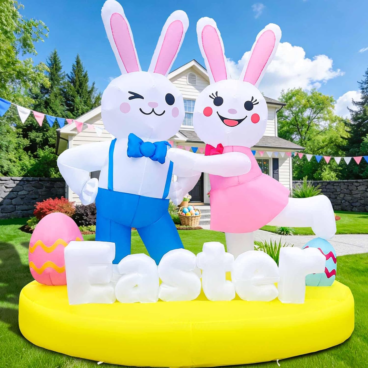6FT Easter Inflatables Outdoor Decoration Inflatable Bunny Lover Dancing Built in LED Lights Bunny Blow Up Yard Decoration for Lawn Garden Holiday Party(with Storage Bag)