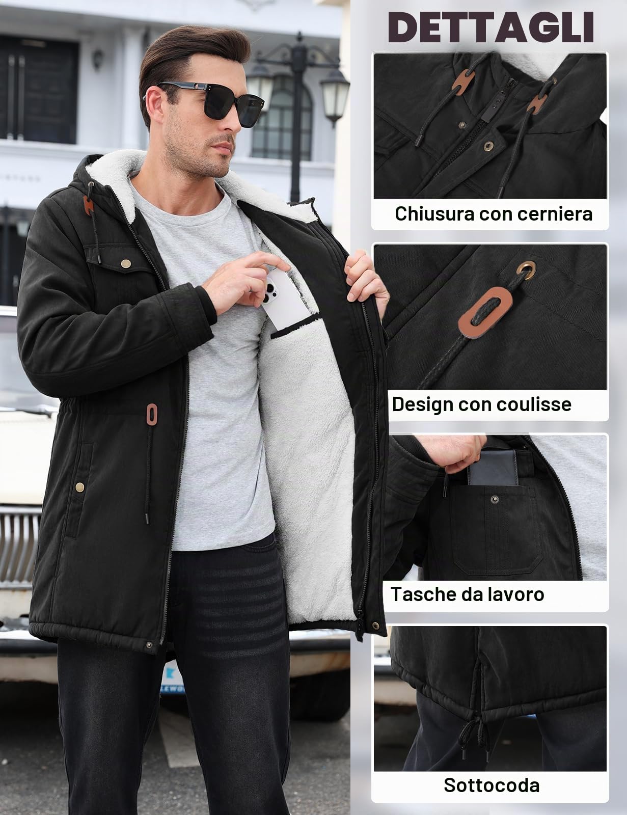 Parka Uomo Invernale Giubbotto Foderato in Pile Antivento e Caldo Cappotti Lungo Giacca con Cappuccio Giacconi Multitasche alla Moda