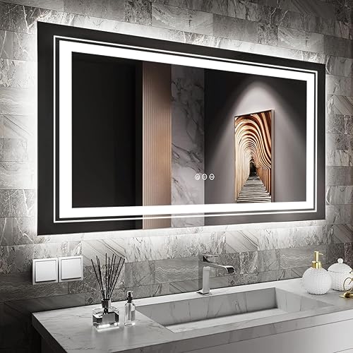 Miniatura 2 de Espejo de baño con luz LED de 28 x 20 pulgadas con luz delantera y trasera, 3 colores regulables, espejos de tocador de pared con antiempañamiento,