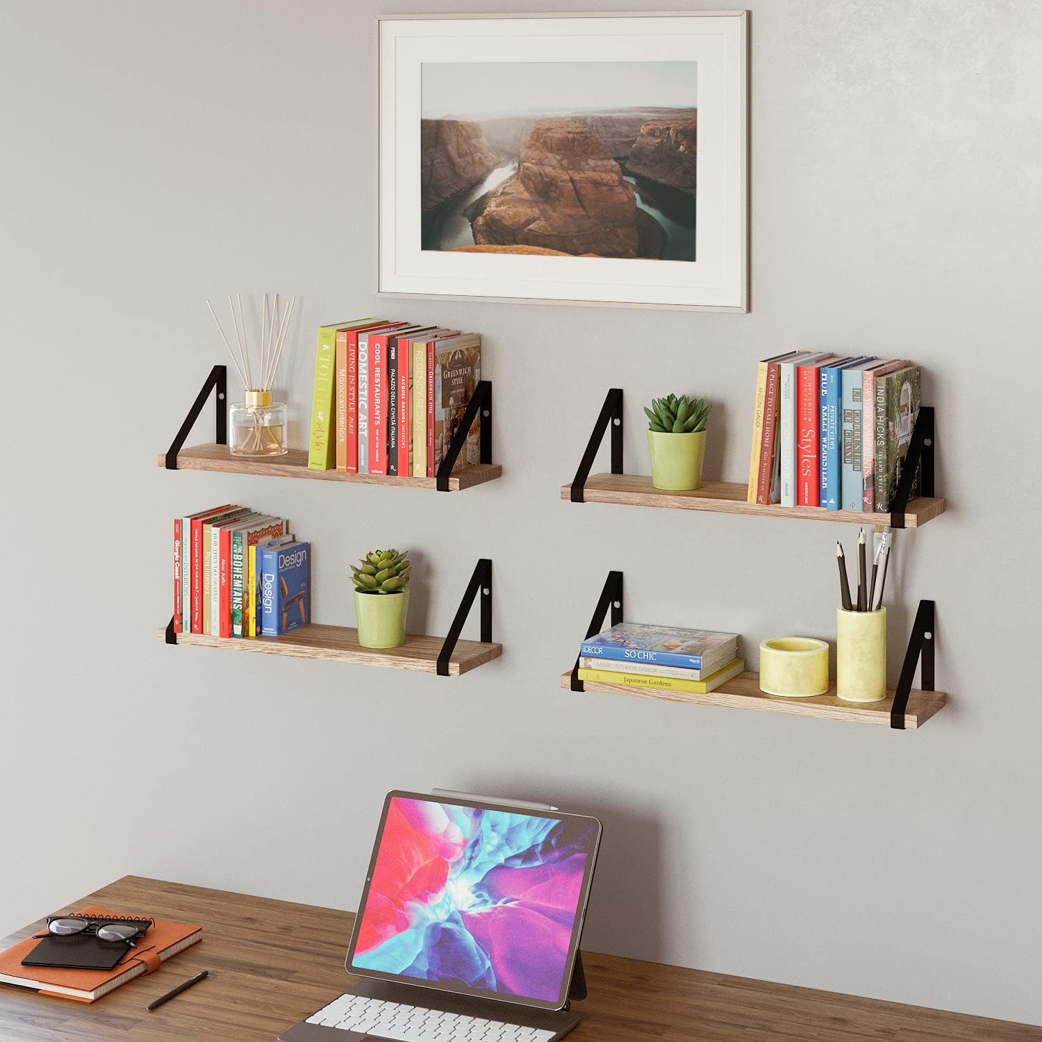 Wallniture Ponza Floating Shelves Wall Mounted Set of 4, Wall Shelves for Bedroom, Bathroom, Living Room, Kitchen, Natural Burnt Rustic Wood Board with Metal Floating Shelf Bracket