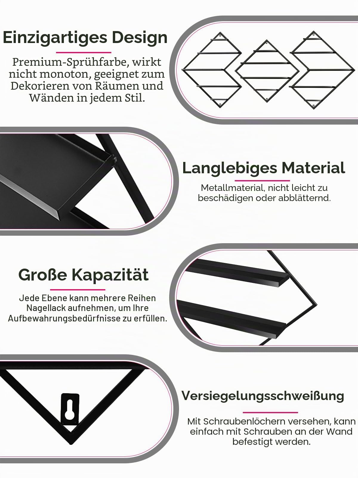 3 Stück Nagelllack Ständer aus Metall zur Wandmontage, Kalolary Schwarzes Präsentationsregal Kosmetikvitrinen Lippenstift Parfüm Wandregal Ätherische Öle Organizer für Zuhause Spa Nagelstudio Geschäft