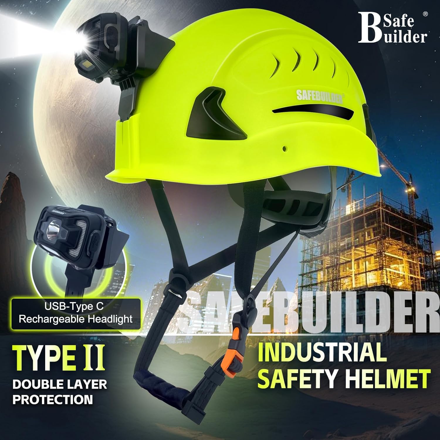 SAFEBUILDER G2C+H Type 2 Class C Hard Hats with Headlight Safety Helmet with Headlamp Vented Construction Work at Height Rescue Industrial ANSI