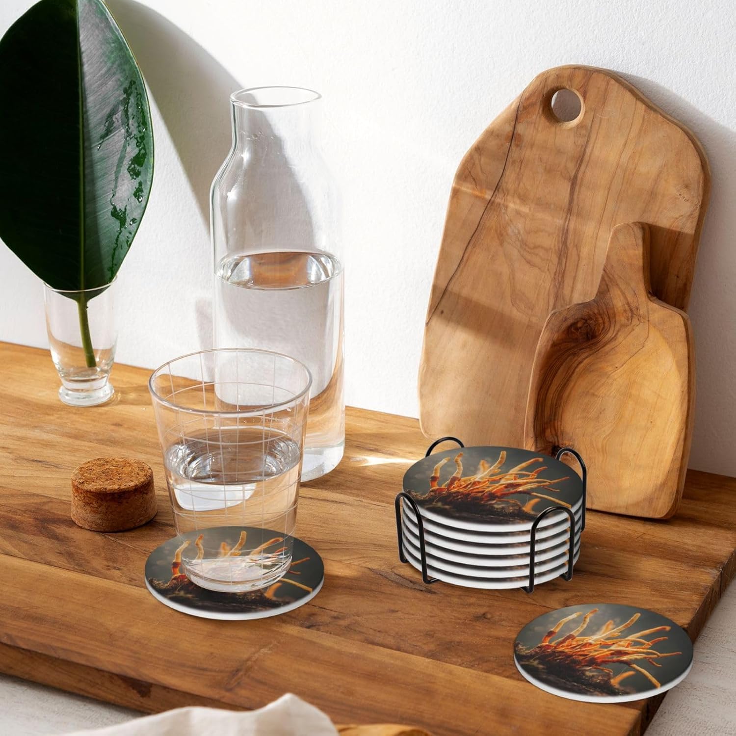 (Cordyceps sinensis) Ceramic Coasters Set of 6 with Holder Non-Slip Round Coffee Coasters for for Cup Mug Drink Patio Coffee Table Decor, Christmas Coasters Home Bar Supplies