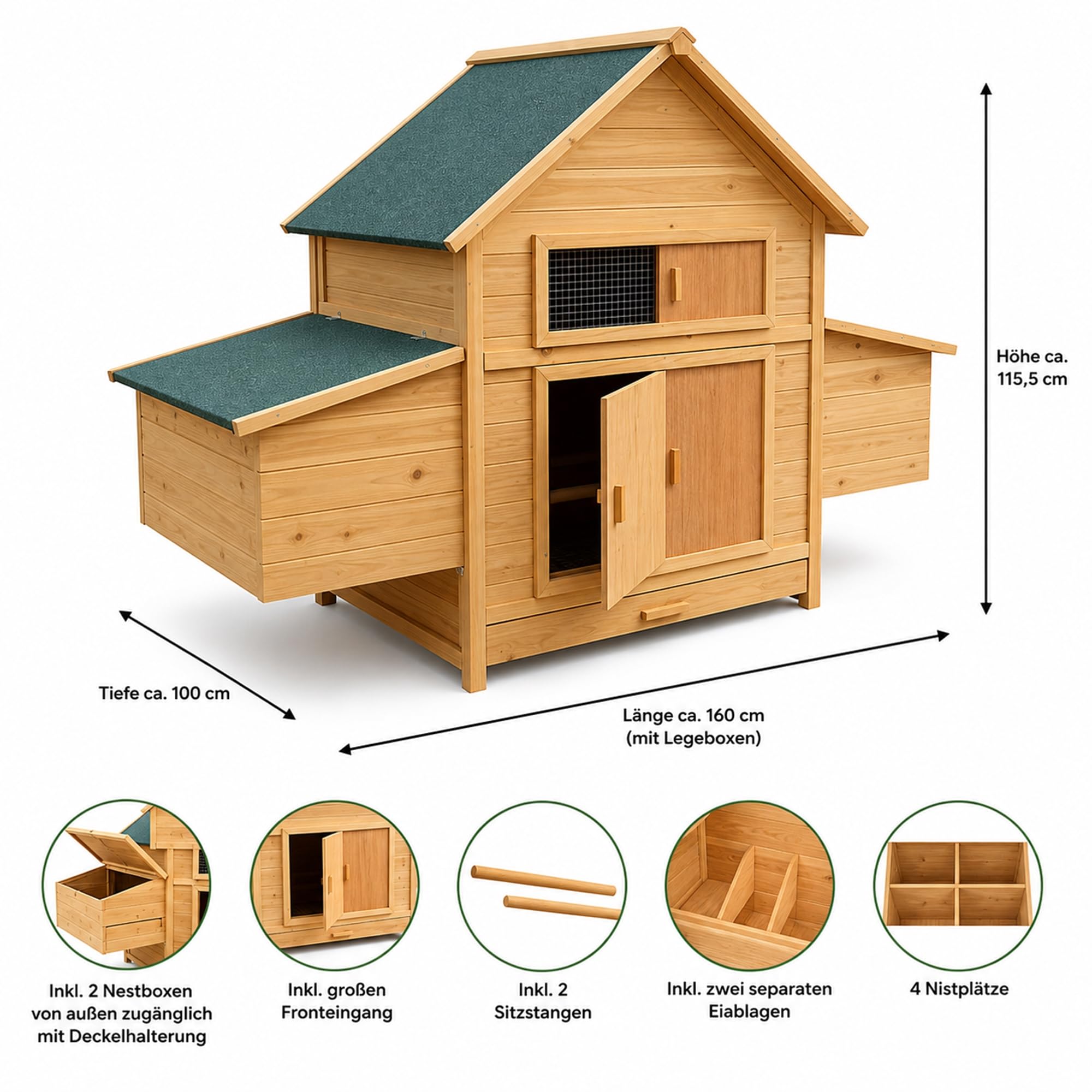 Mucola Hühnerstall XXL 160x115,5 cm Holz Natur – Hühnerhaus mit Freilauf & aufschiebbarem Fenster, abnehmbares Dach – wetterfest Indoor Outdoor – Geflügelstall Hasenstall Kaninchenstall Kleintiere