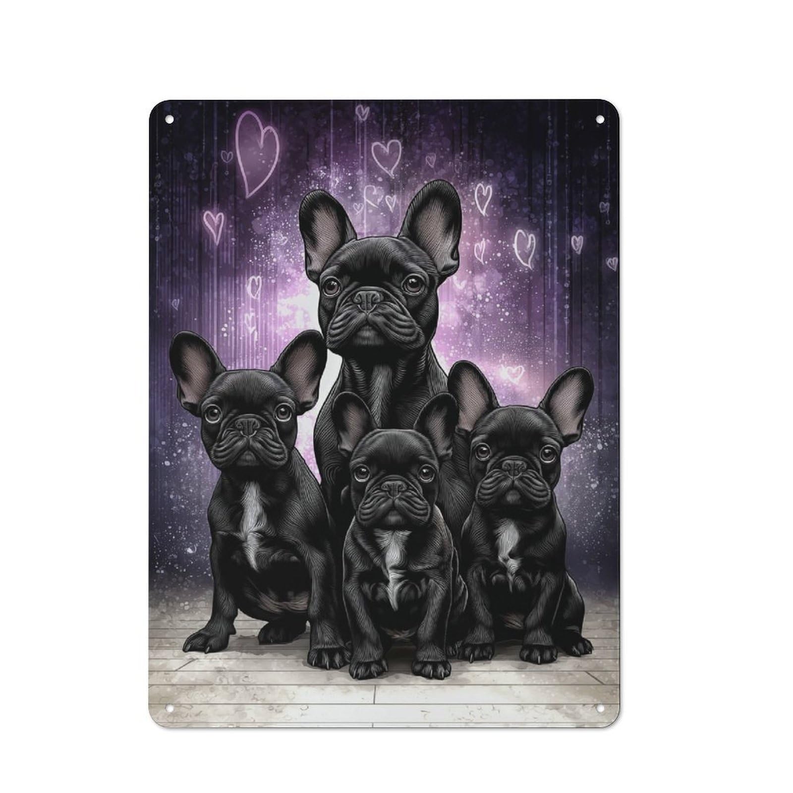 Junmoney Style-18 Metal Plaque With Black French Bulldogs With Hearts Design 40X30cm, Country Style Cafe Wall Decor For Bakery, Diner, Cafe Or Family Room