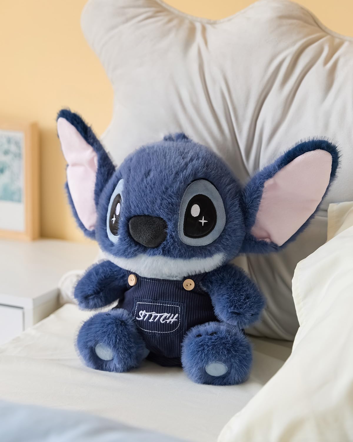 MINISO Disney Stitch Stuffed Animals, 14'' Cute Stuff Palm Pals with Fuzzy Texture and Embroidered Details, Squishy Toys, Stitch Gifts for Girls Plushy Suitable for All Ages (Overalls Style)