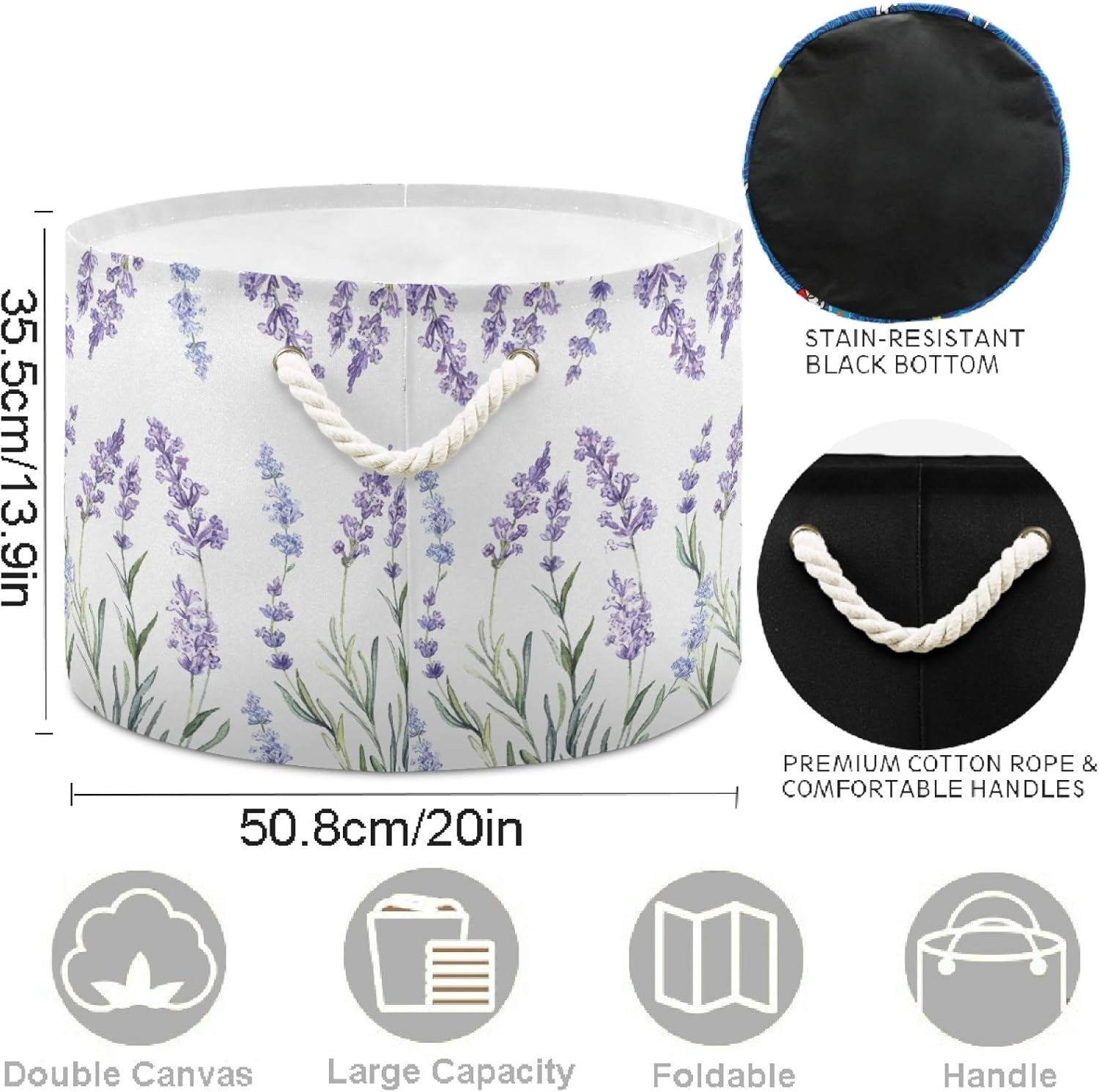 visesunny Storage Basket Purple Lavender Decorative Pattern Nursery Hamper Basket Clothes Toy Storage Organizer Bin Box Collapsible Laundry Bag for Kid Room,Playroom,Bathroom,Living Room,Dorm,Office