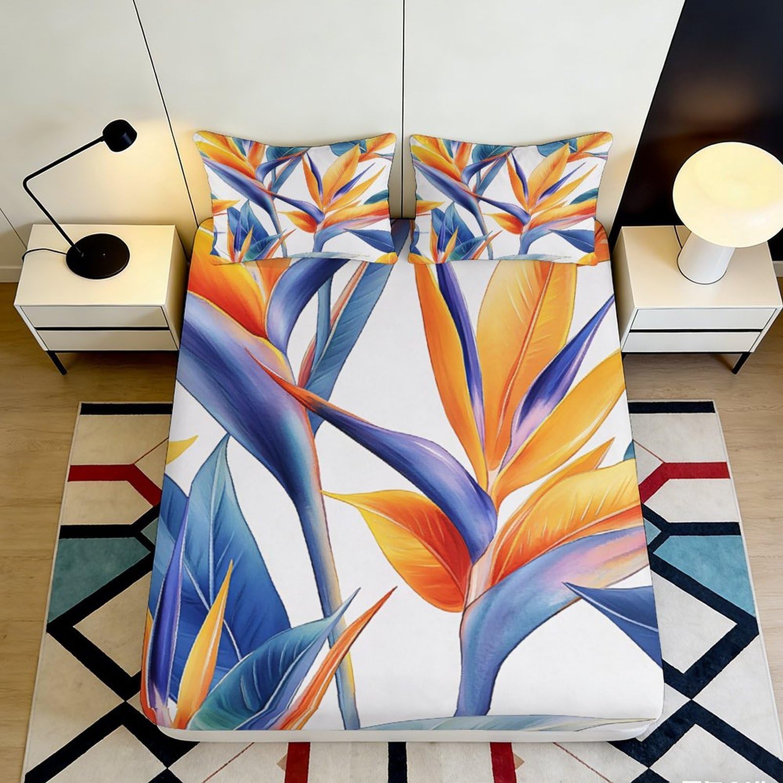 3D Printed Tropical Bird of Paradise Fitted Sheet Microfiber Soft Orange Blue Mattress Cover for Bedroom Dorm Decor 90x200x25cm