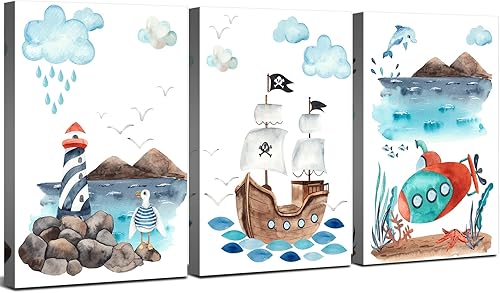 Arte de pared de barco pirata para decoración de habitación de niños, imagen de faro oceánico de dibujos animados, pintura de dormitorio de niños,