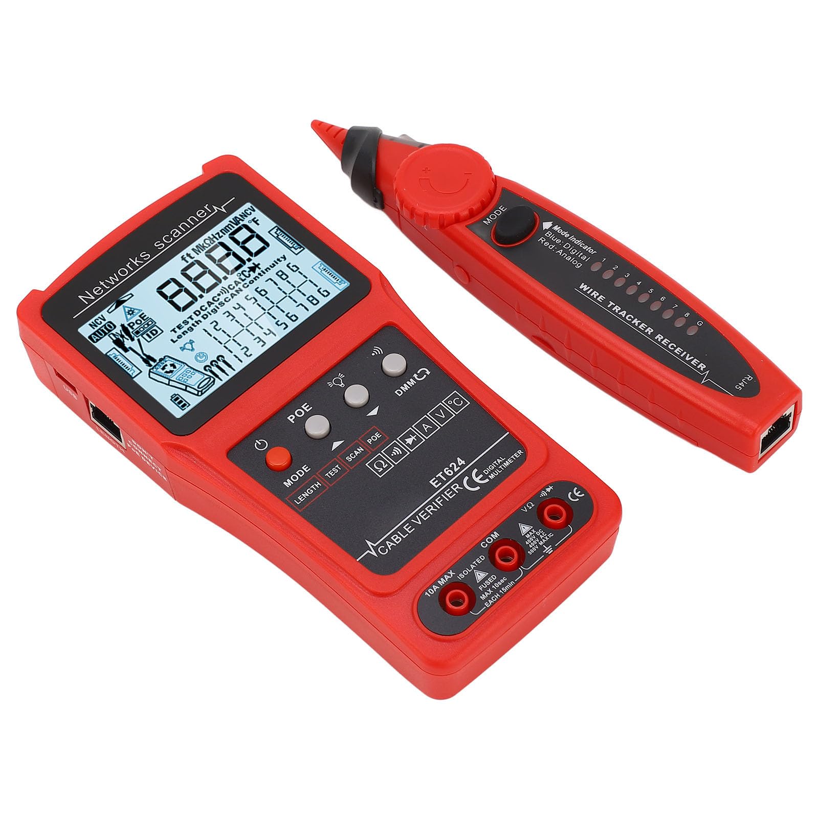 Yinhing Multifunktionaler Wire -Kabeltester mit POE-Prüfung, Digitaler Schaltkreisanalysator mit Eingebauter Batterie für CAT5- und CAT6-Ethernet-Kabel, Spannungsprüfung, Fehlerort und -länge