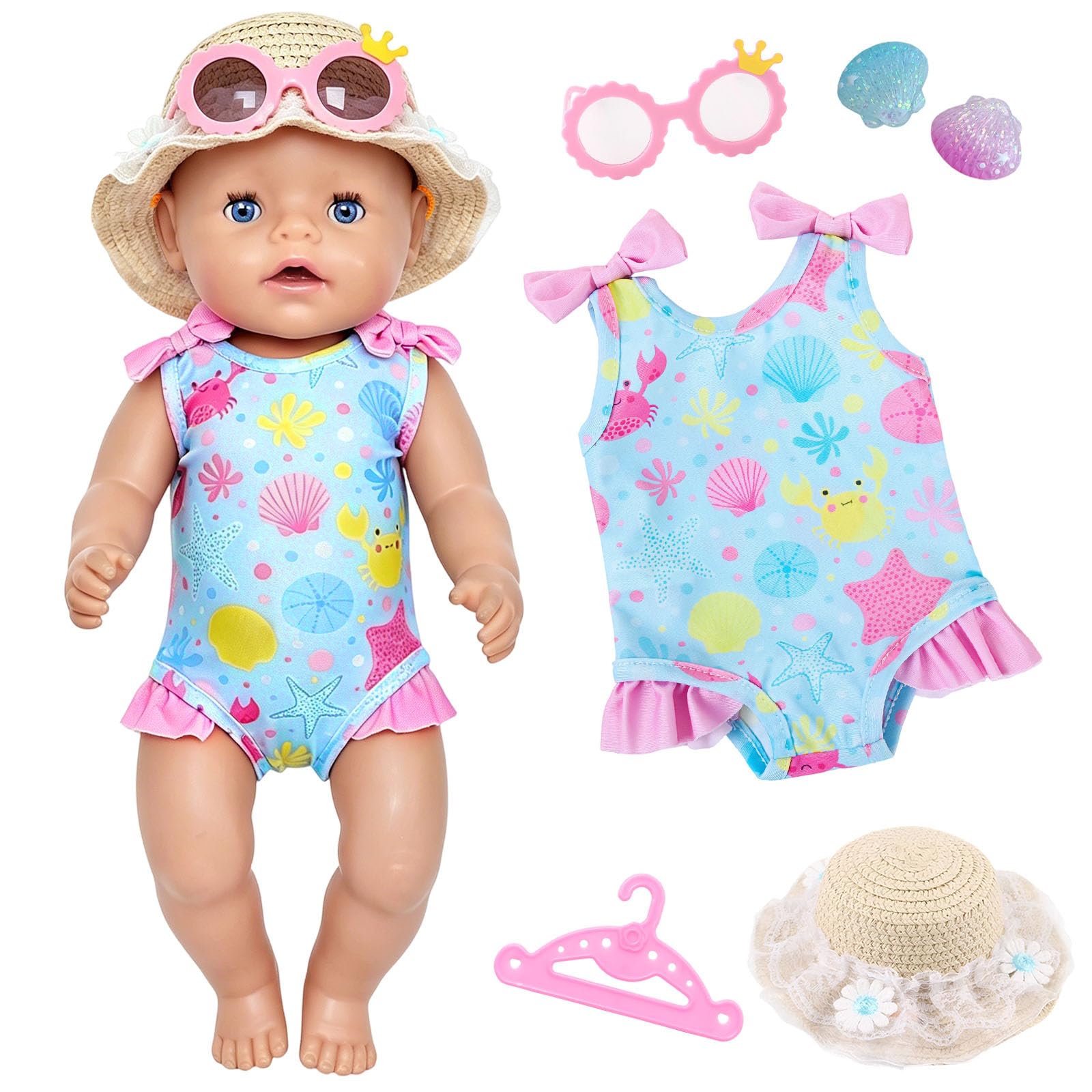 35-45cm Doll Summer Outfit Set – Blue Shell Swimsuit with 2 Glitter Shells, Pink Crown Glasses, Lace Sun Hat & Doll Hanger – Perfect for Baby Doll Clothes Accessories