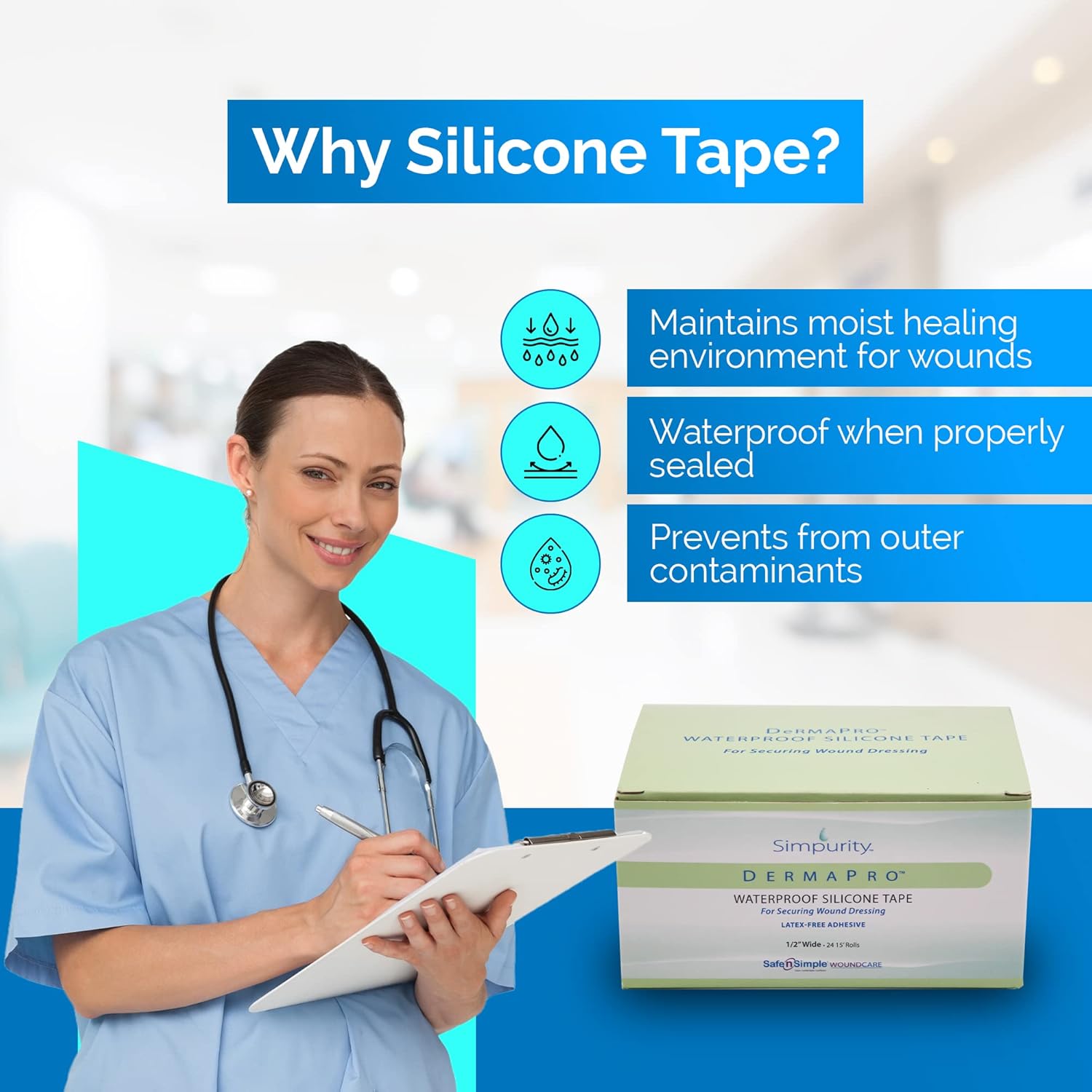 Simpurity DermaPro Silicone Tape Waterproof - 1"x15' 12 Count - Latex Free Tape Medical for Securing Wound Dressing - Waterproof Surgical Silicone Tape - Medical Tape for Sensitive Skin