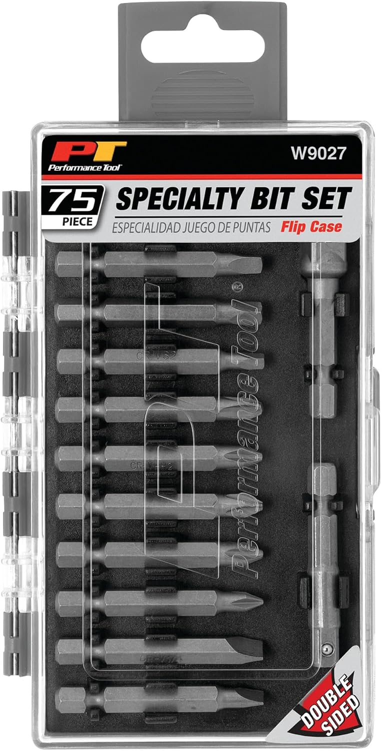 Performance Tool W9027 75-Piece Specialty Bit Driver Set with Multiple Fastener Styles for Most Common Jobs and Convenient Flip Case