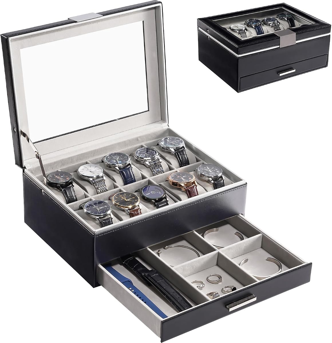 ProCase Watch Case for Women, Valentine Gifts, 10 Slot Watch Display Case with Drawer, 2-Layer Womens Watch Box, 10 Watch Box Organizer, Jewelry and Watch Holder Storage Case with Glass Lid -Black