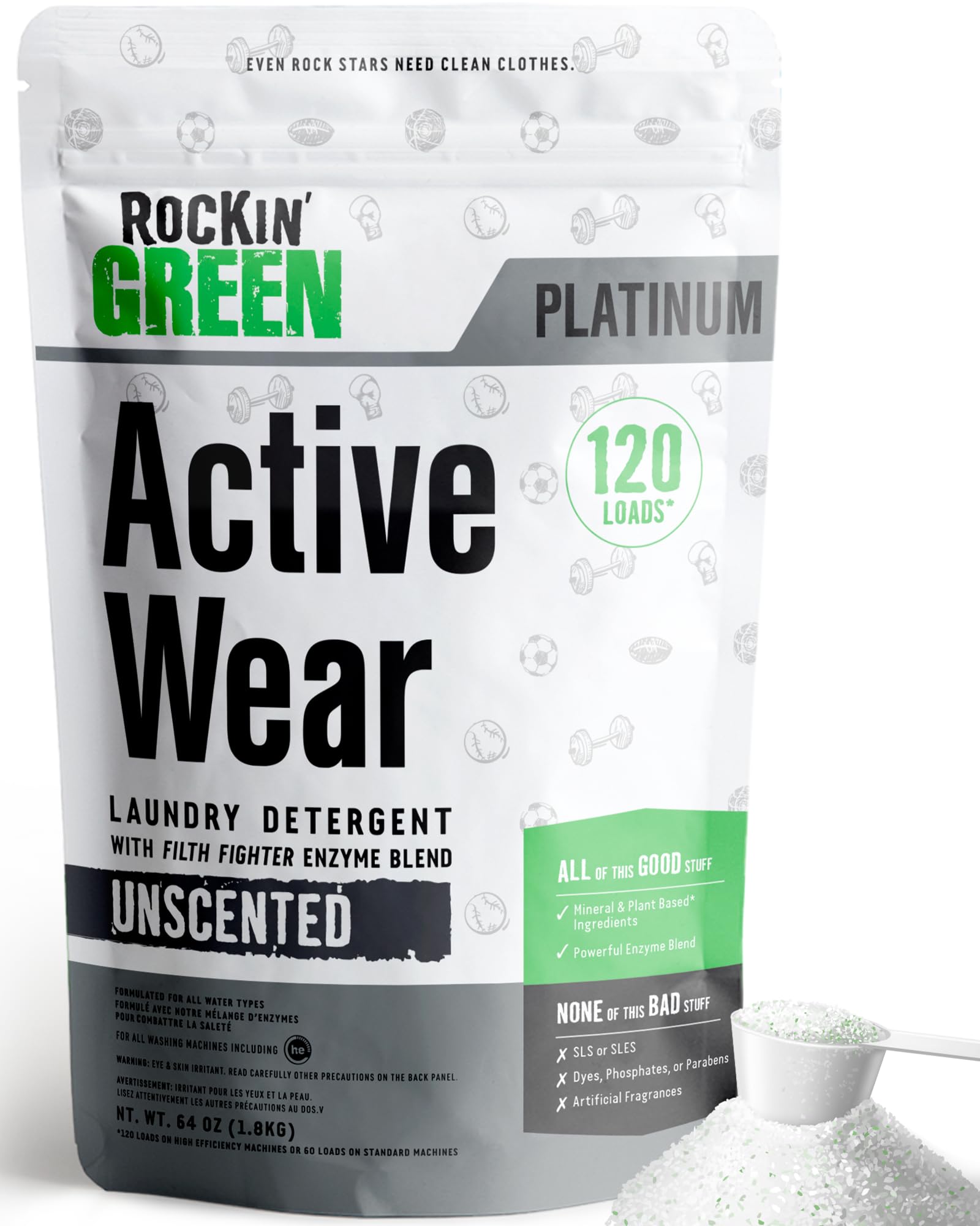 Rockin' Green Active Wear Sport Laundry Detergent Powder Unscented 120 Lds