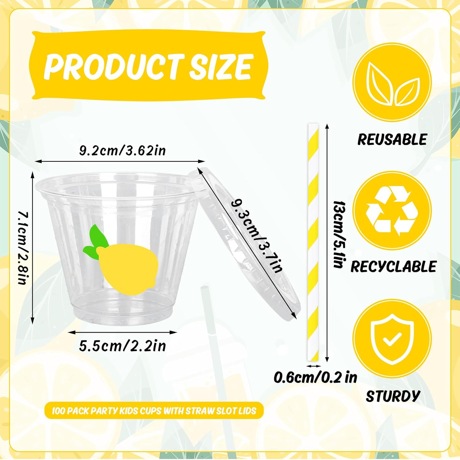 Whaline 100 Pcs Lemon Disposable Plastic Cups with Lids and Straws 9 Oz Party Cups Yellow Lemon Cold Beverage Drinking Cup for Iced Coffee Smoothie Juice Tea