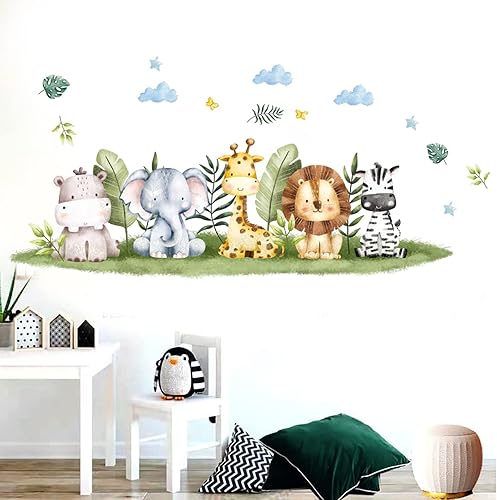 Calcomanías de pared de animales de la selva para habitación de los niños, jirafa, tigre, cebra, elefante, calcomanías de pared para habitación de
