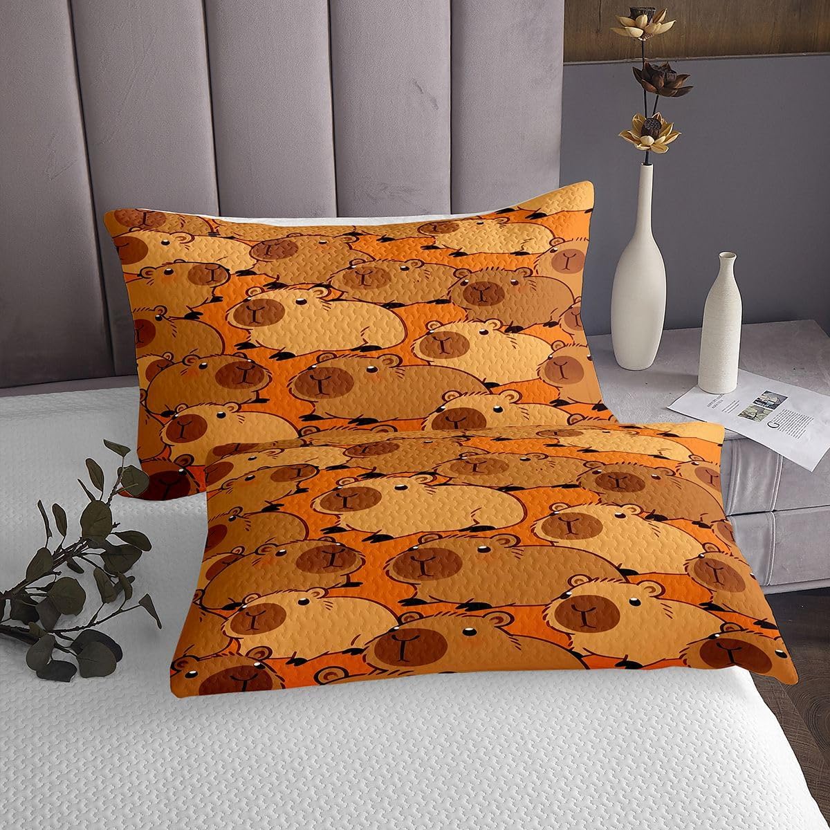 Homewish Cartoon Capybara Quilt Sets Twin Size,Capybara Lovers Bedspread Coverlet 2Pcs for Kids Girls Boys Room Decor,Cute Animals Quilts Set Orange Capybaras Bedding Comforter,1 Pillowcase