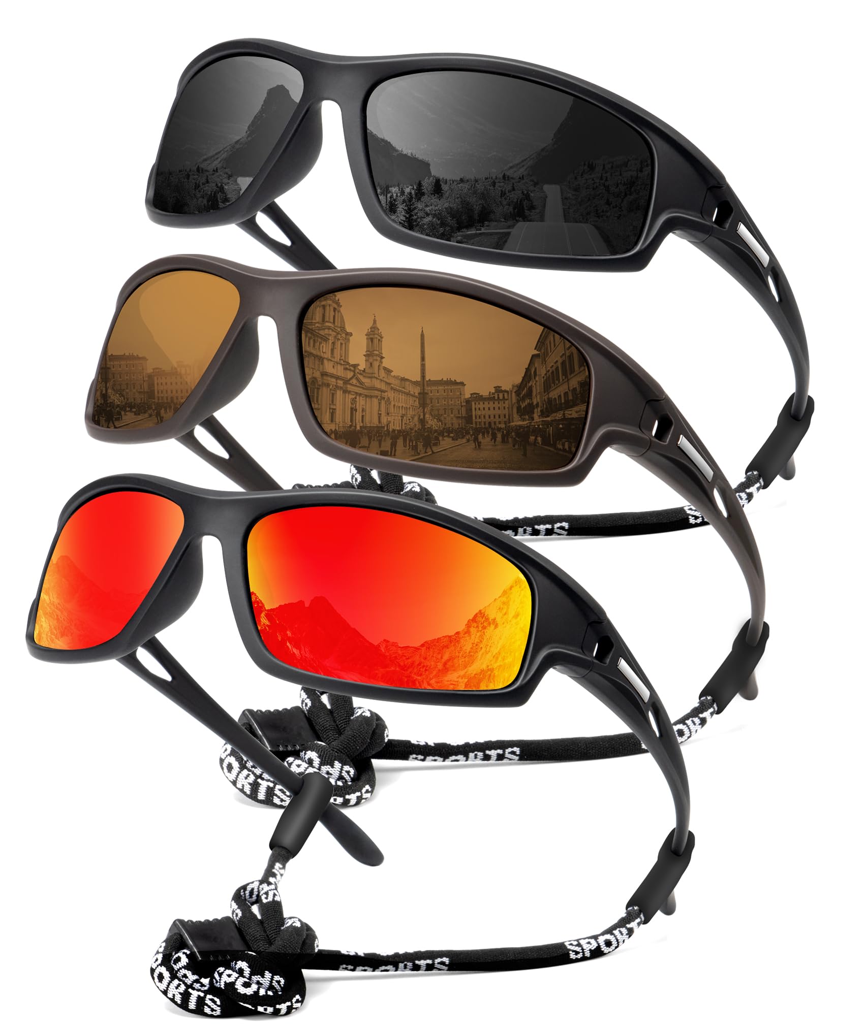 NSSIW Occhiali da sole polarizzati per uomo-donna sportivi da uomo: occhiali da sole avvolgenti UV400 per corsa, pesca, golf, confezione da 3