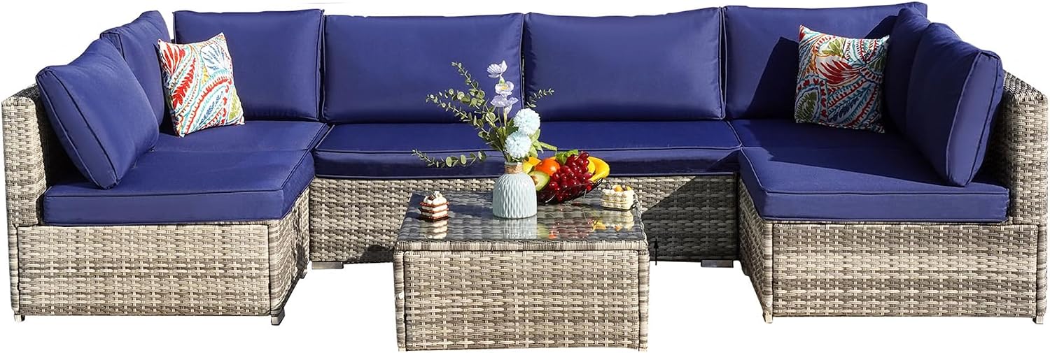 7-Piece Patio Furniture Set - Outdoor Sectional Sofa Set with Cushions and Glass-Top Coffee Table for Gardens, Poolside, Backyards and Porches, Grey/Navy Blue