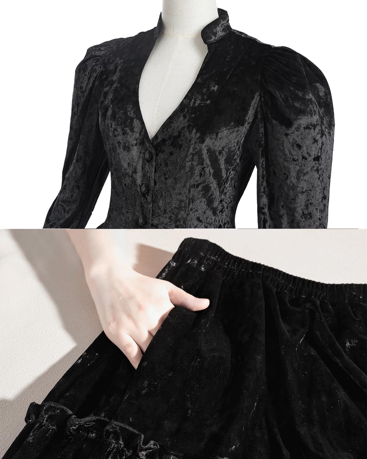 CR ROLECOS Black Victorian Dress for Women Long Sleeve Velvet Renaissance Edwardian Costume 2-piece - Image 6
