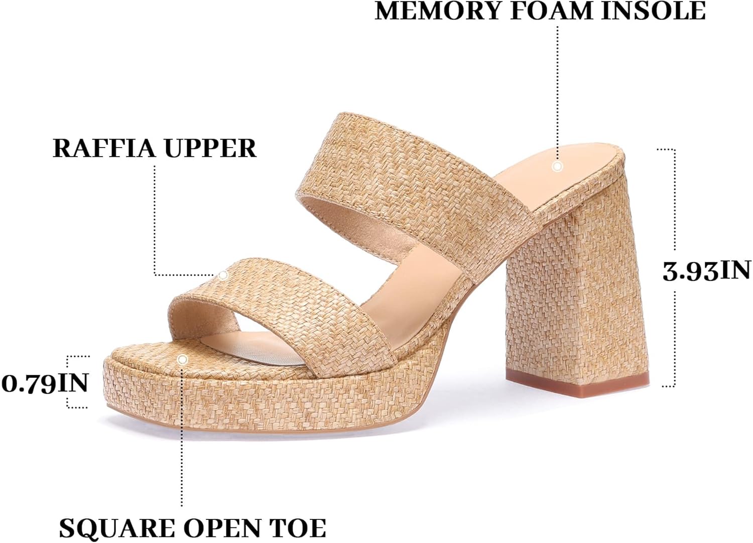 Monrovia Raffia Chunky Platform Heels for Women, Double Strap Square Open Toe Slip On Heels - Casual Beach Summer Heeled Sandals