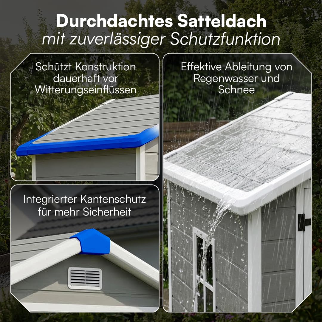 STEELSØN Novara Gerätehaus – Gartenschuppen mit Satteldach & Fenster – Gartenhaus 210x134x182 cm (HxTxB) – Geräteschuppen aus Kunststoff in Grau – Gartenhütte wetterfest & rostfrei – Schuppen