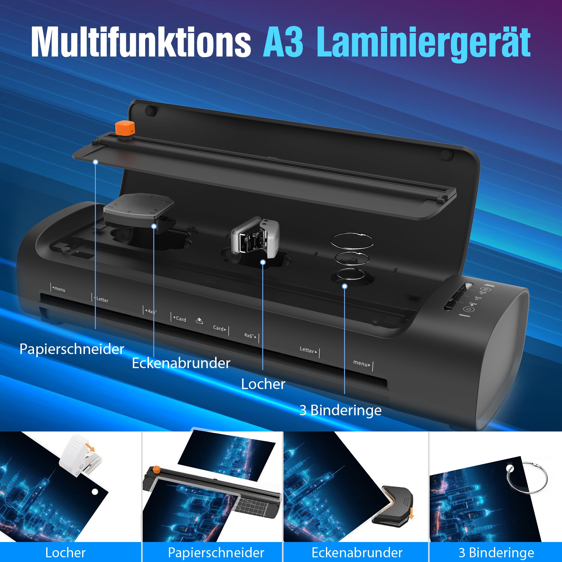 A3 Laminiergerät, 9 in 1 Heiß&Kalt Laminator mit 52 Laminierfolien | Auto Feed und 2-Rollen-System,Anti-Warp-Technologie sowie ABS Anti-Stau für Dokumente, Fotos und Bastelarbeiten