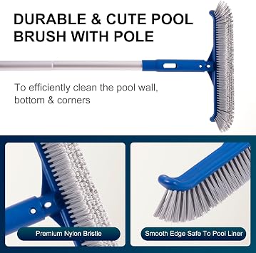 Pool Cleaning Kit for Above Ground & Inground Pools, Includes Pool Brush Head, Pool Skimmer Net, 57.5'' Thickened Aluminum Pool Pole, Pool Floater & Pool Test Strips for Complete Pool Maintenance