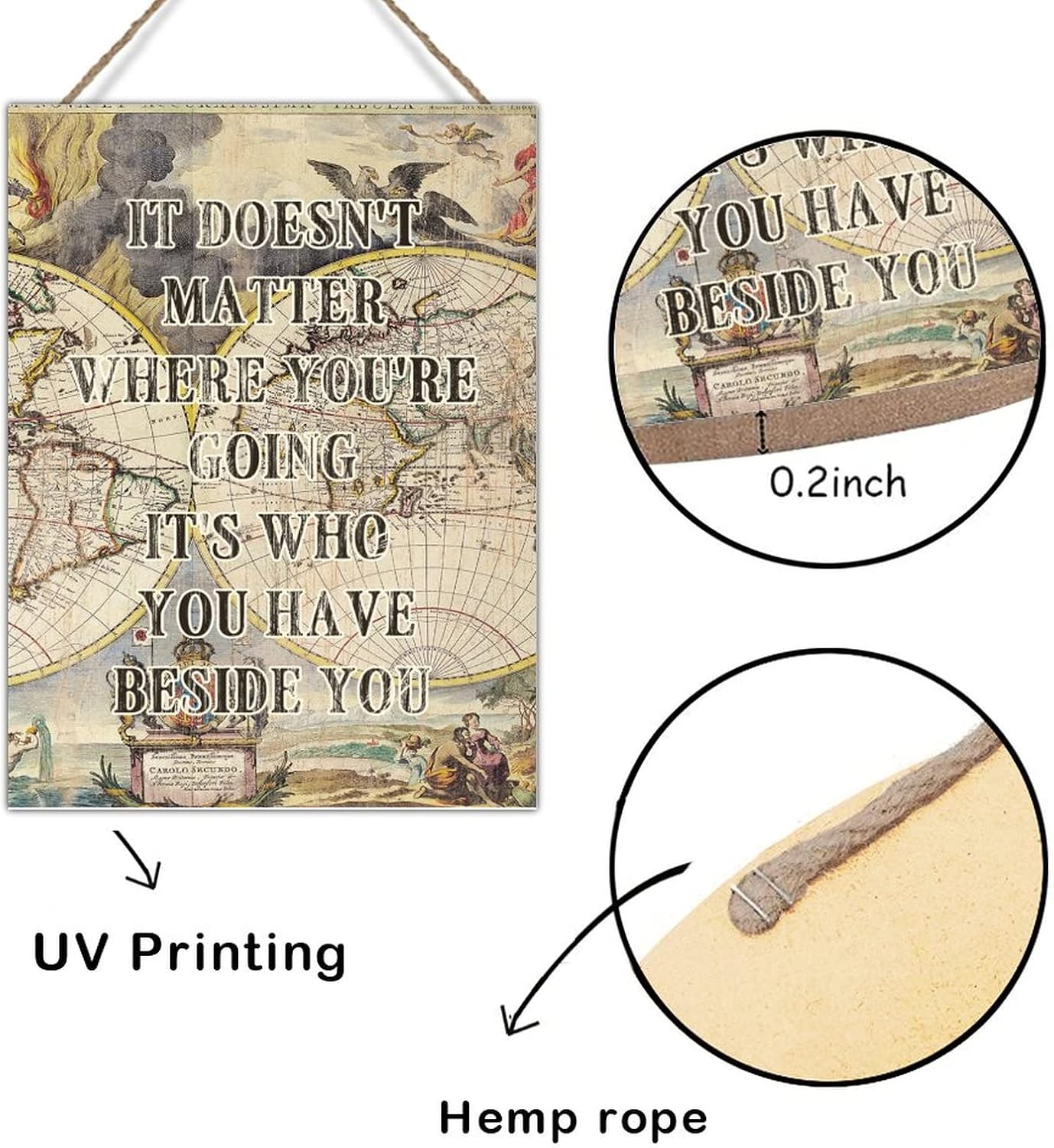 Vintage Map Wood Plaque It Doesn't Matter Where You're Going Wood Wall Decor Sign Watercolor Adventure World Map Wooden Signs Plaques for Home Office Bar Wall Art Decor 18x24in