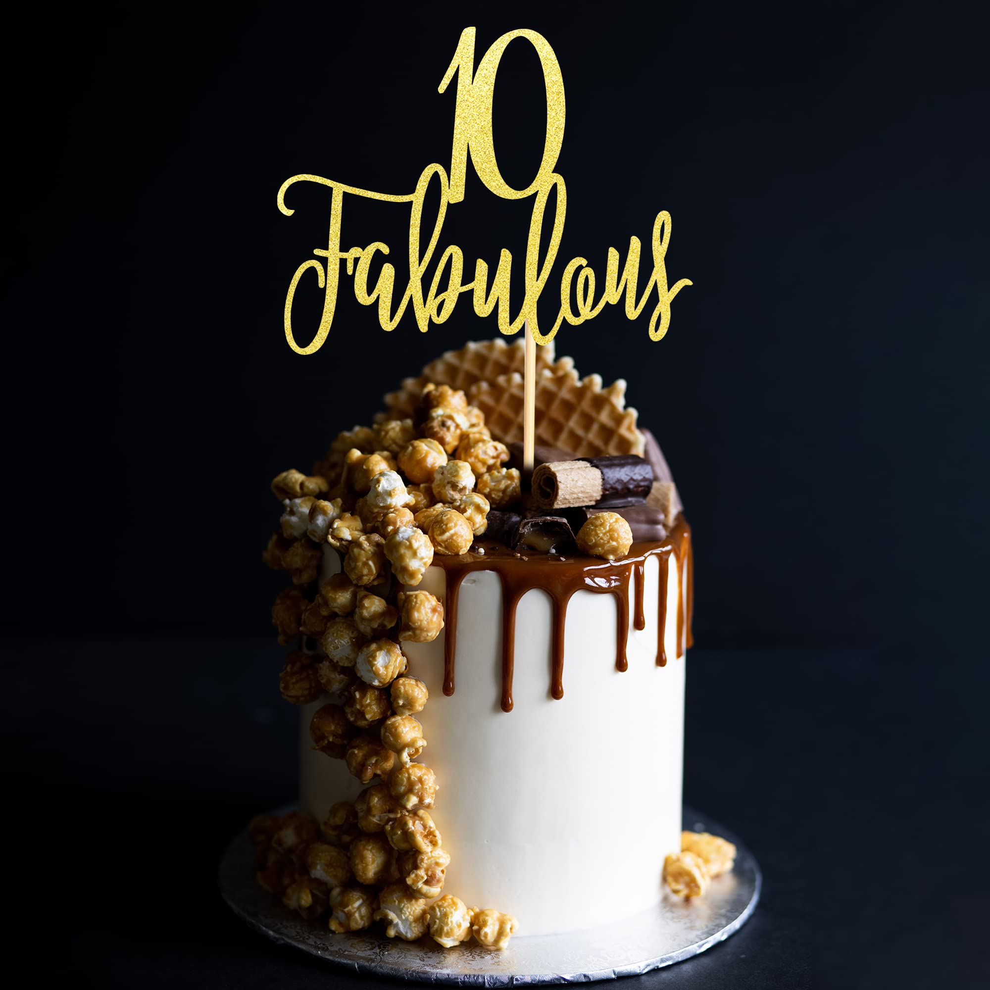 10 & Fabulous Cake Topper - Gold Glitter Birthday Decor For 10th Anniversary