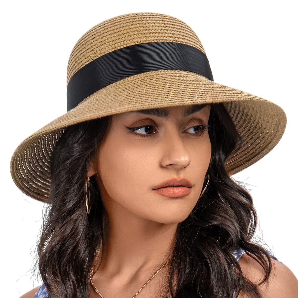 S.ROMZA Sombreros de Paja para Mujer, Aleros Anchos, Aombreros de Playa Plegables, Sombreros Solares para Muje UV 50+ Sombreros de Verano Protección, Sombreros de Lazo