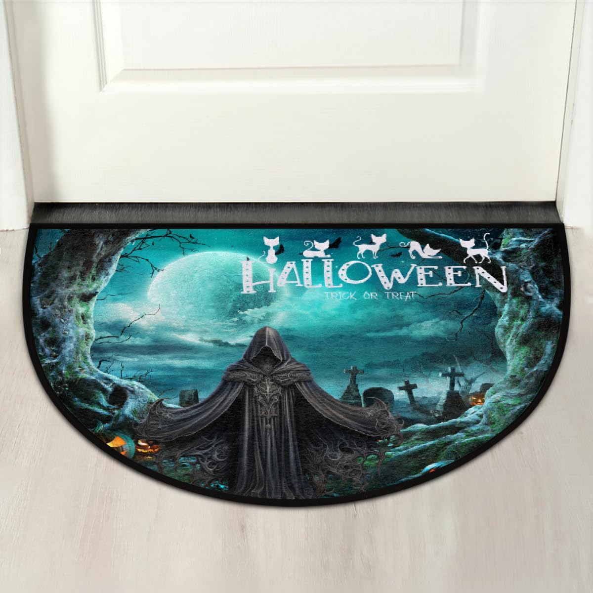 Half Round Doormat Non-Slip Washable Semi Circle Rug Soft Absorbent Half Moon Mat for Indoor Outdoor Entrance Kitchen Bathroom Sink Welcome Fireplace Floor Rug Halloween Grim Reaper Pumpkin decorate
