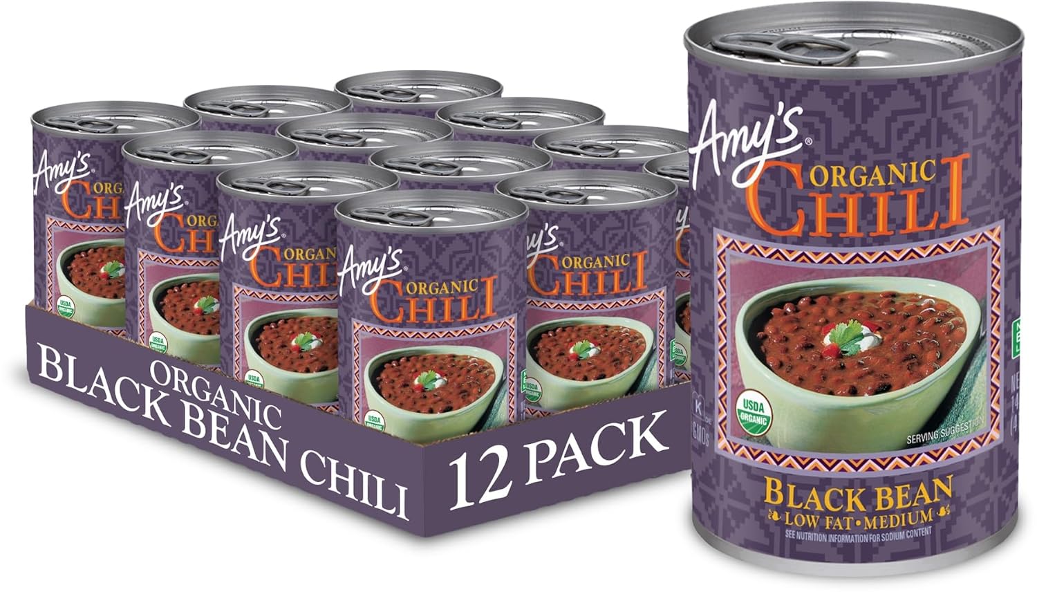 Amy's, Chili, Gluten Free, Light in Sodium, Vegetarian, Organic, Medium Spice, Jalapeño Pepper, 14.7 oz, Pack of 12