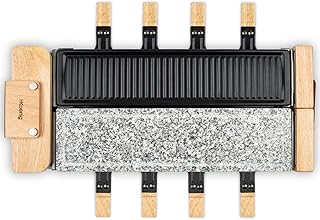 H.Koenig Appareil à Raclette 8 Personnes WOD360, fromage, Fondue, Pierre Granit et Bois Naturel, Socle Pivotant à 180°, Plaques Amovibles, Accessoires 8 Poêlons et 8 Spatules, 1400 W