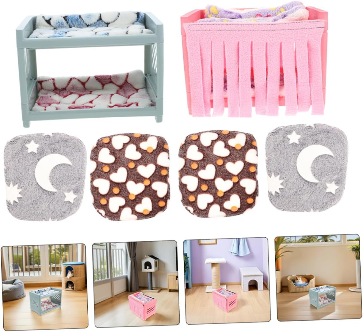 Guinea Pig Bed and Hamster Shelter House Double-Layer Small Pet Hideout with Plush Cushions and Blankets for Small Animals Indoor Nest Sleep Habitat Random Color