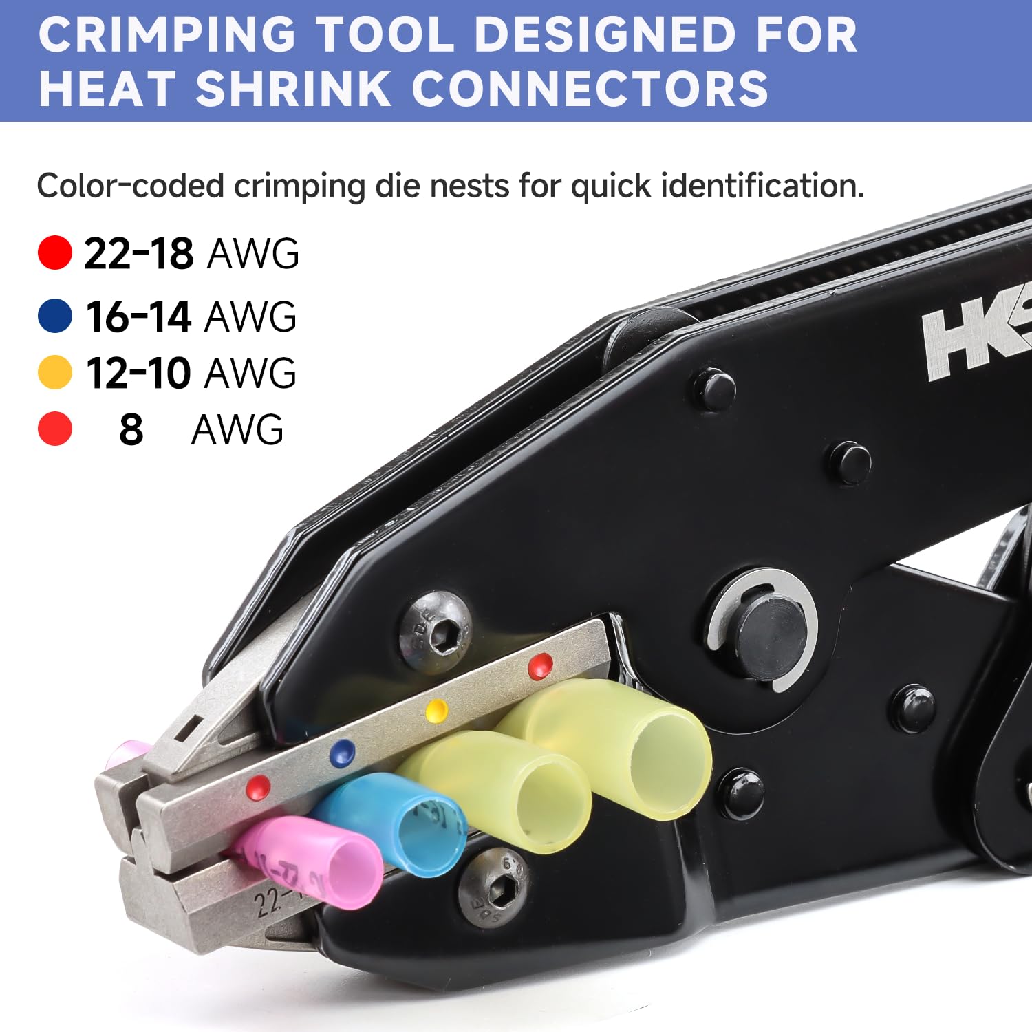 HKS Herramienta de crimpado para conectores termorretráctiles, crimpadoras de alambre de trinquete, AWG 22-8 (0,5-8,0 mm²), crimpadora de terminales de trinquete, herramienta de crimpado eléctrica