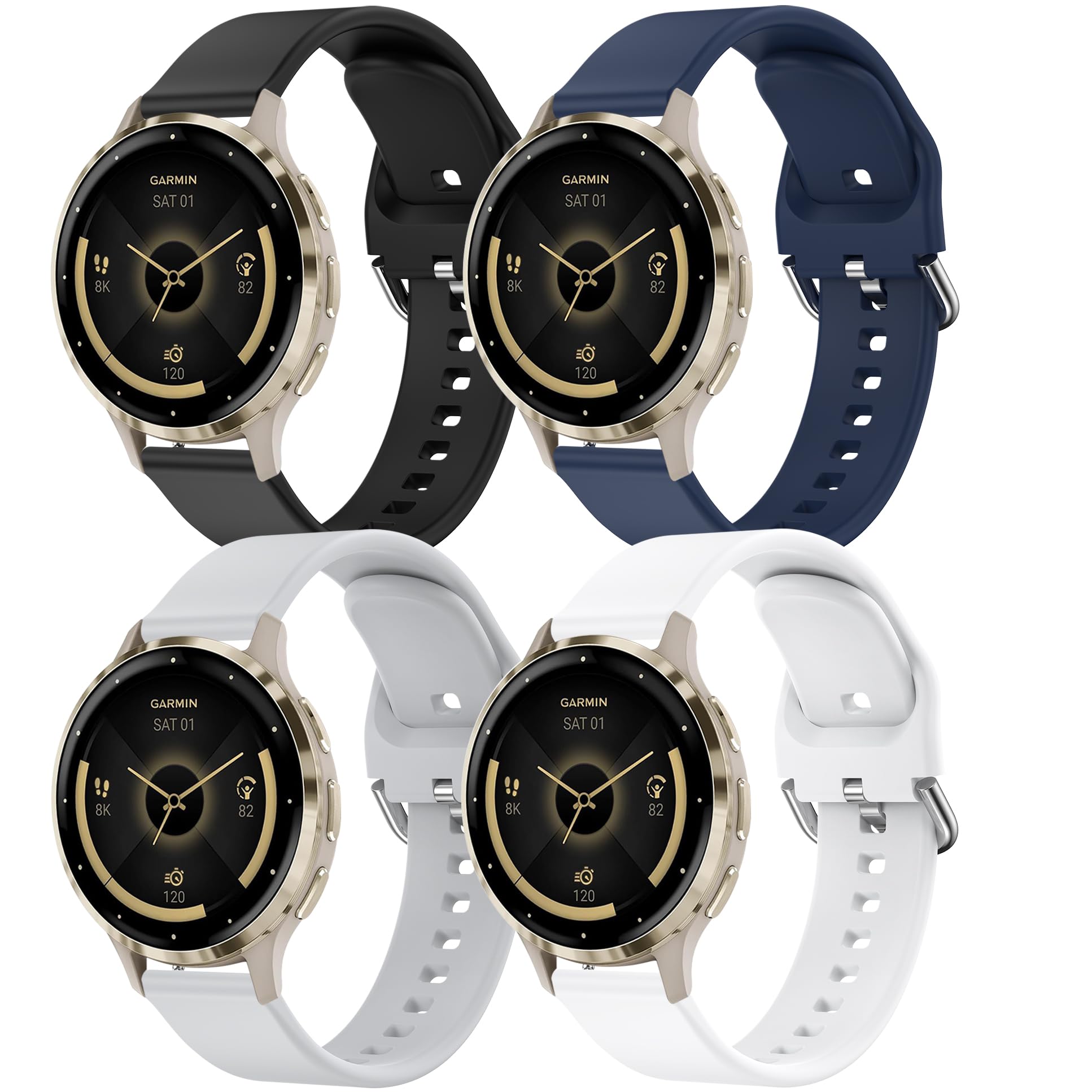 4 PACK Straps for Garmin Venu 2S/Venu 3S/Forerunner 265S/255S/255S Music/Vivoactive 4S/Vivomove 3S, 18mm Soft Silicone Quick Release Replacement Sport Loop Watch Band 4-PACK 01
