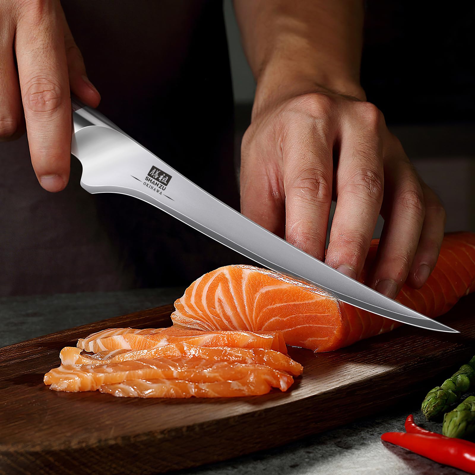 SHAN ZU Couteau à Filet de Poisson Professionnel - Couteau à Désosser Flexible 18 cm en Acier Japonais 10Cr15MoV (62 HRC) - Pour Filetage, Cuisine et Viande, Manche Pakkawood Ergonomique Antidérapant