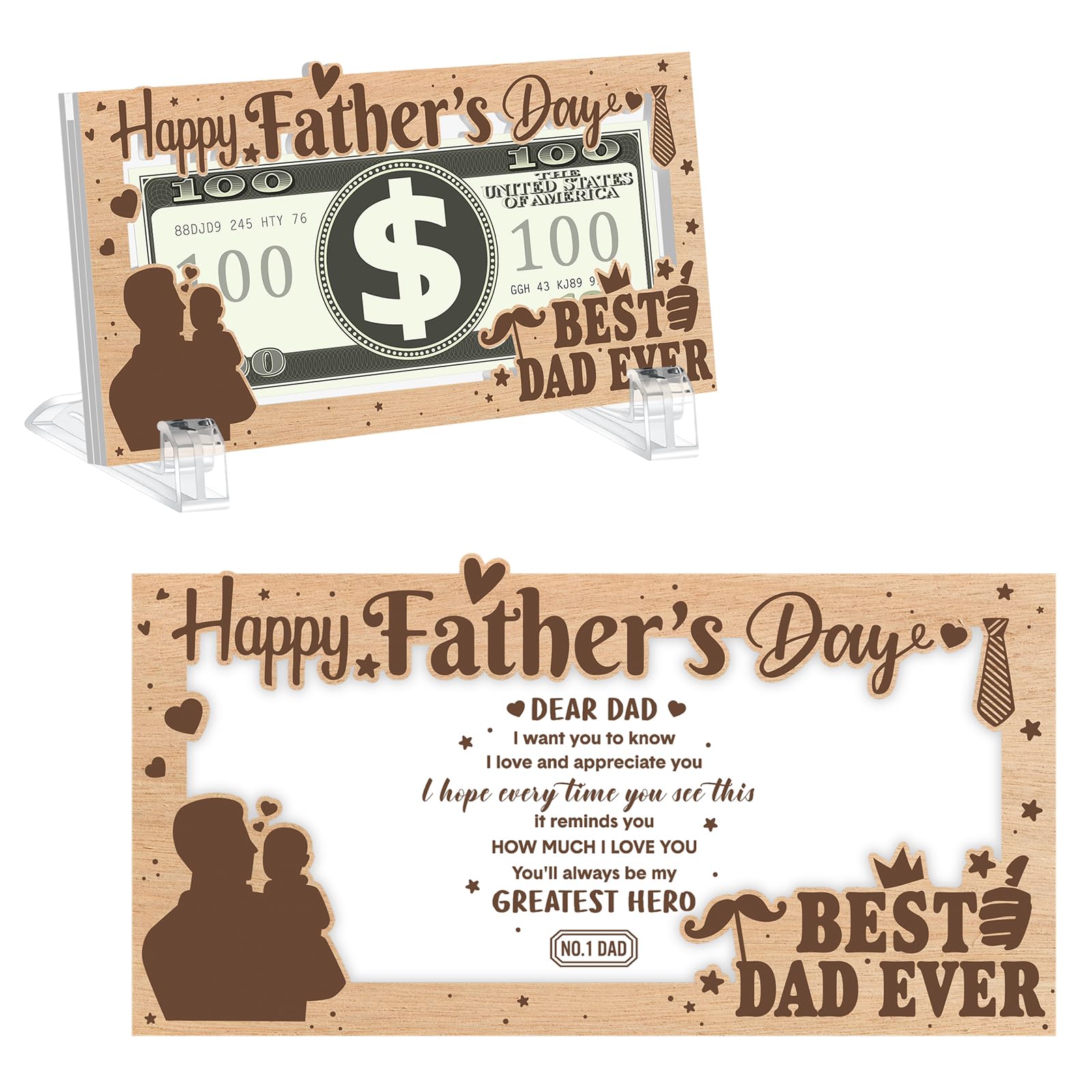 Yuntau Father's Day Money Holders for Cash Gift Acrylic Money Box Currency Holder with Transparent Bracket for Father Dad Cash Organizer Party Present(Wooden Style)